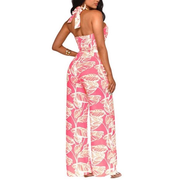 Floral Print Halter Neck Cutout Wide Leg Jumpsuit - Picture 5 of 6